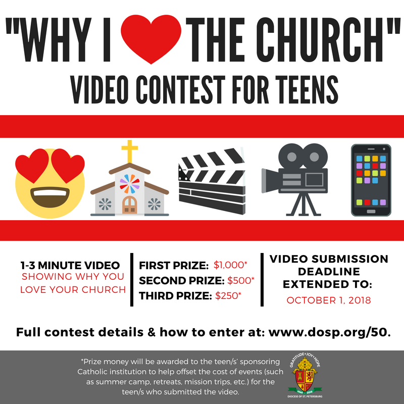 DioStPete's tweet photo. Deadline extended to October 1! All youth are invited to enter the video contest in honor of our 50th Anniversary as a diocese! Find full contest details and how to enter at: https://t.co/8cr7h7zSzq #DOSPjoy #DOSPgratitude #DOSP50 https://t.co/KtgnejszZm