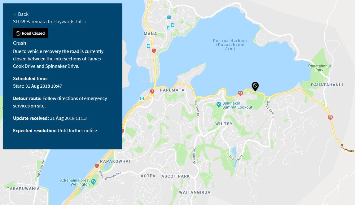 nztawgtn's tweet photo. SH58 WHITBY - ROAD CLOSED - 11:20AM
Due to vehicle recovery from an earlier crash #SH58 (Paramata Haywards Rd) is temporarily closed between James Cook Dr &amp; Spinnaker Dr. Delay your journey or allow extra time for diversions: https://t.co/y0P8upFTZO ^TP https://t.co/ygk92TFGQU