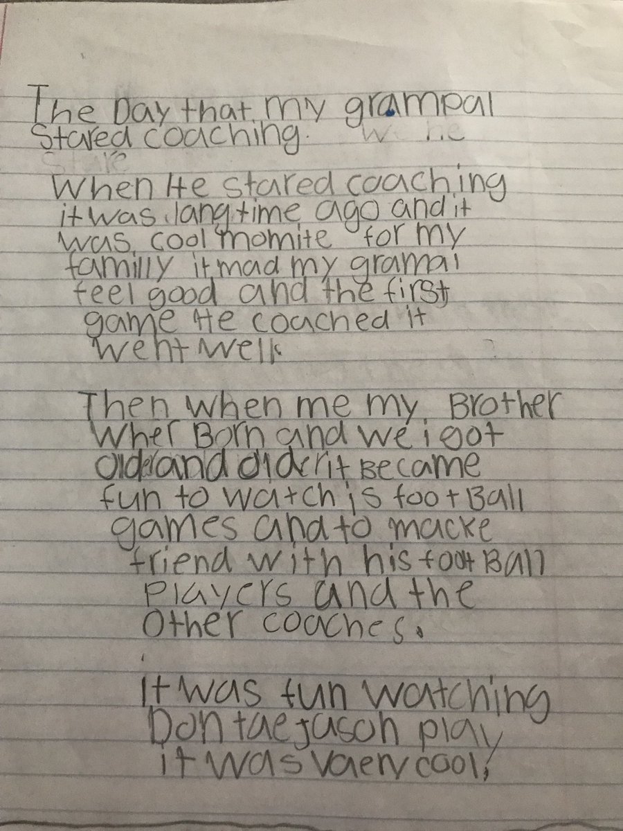lora_wedd's tweet photo. Love this Timehop! First time in a lot years we won’t be at the Chesty Lion game tonight but finding this piece of writing in Hudson’s journal from last year made my heart happy. So many wonderful memories our kiddos made. #huggingmygrandpa❤️🦁🖤 #letsgolions #3rdgradewriting https://t.co/1qcuq7EG8R