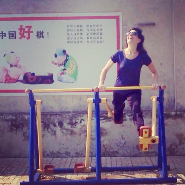 Happy lady in #China! Found my fave #exercise machines!! #legstretch #chinalife