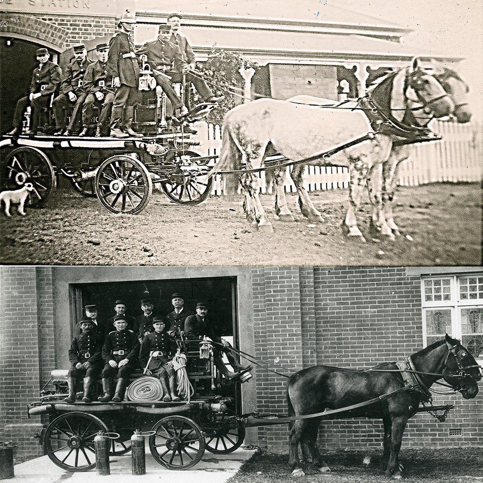 Horses played a vital role in early Firefighting. Pictured here are two NSWFB Stations with their horse-drawn turbine appliances. #FRNSW #HorseTales #HorseDrawn #FireandRescueNSW #History #Horse #FireBrigade #FireStation #Sydney #Heritage #Fireries #Firefighter