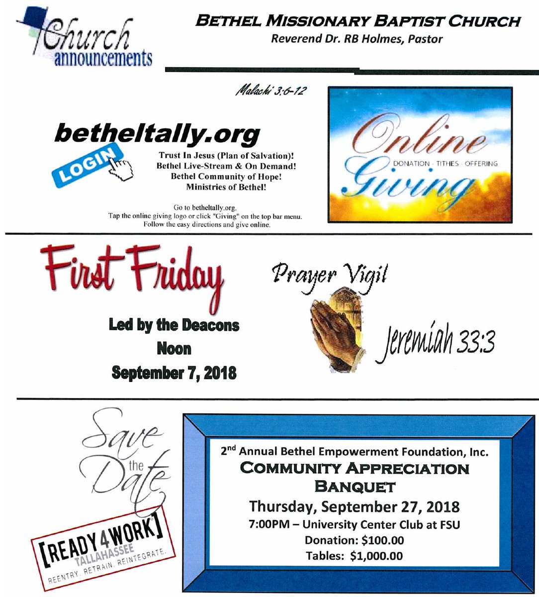 BethelTallyOrg's tweet photo. Announcements for Bethel Missionary Baptist Church, Reverend Dr. R.B. Holmes, Jr., Pastor, Tallahassee, FL https://t.co/SFn9mFFwz4