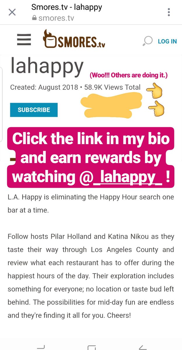 58,000 people have watched <a href="/lahappyshow/">LA Happy</a> on <a href="/SmoresTV/">SmoresTV</a> and are earning rewards while doing so. Click on the link in my bio and start earning while watching fun content. #food #foodies #happyhour #LA #LosAngeles #tvshow #host #actress #females
