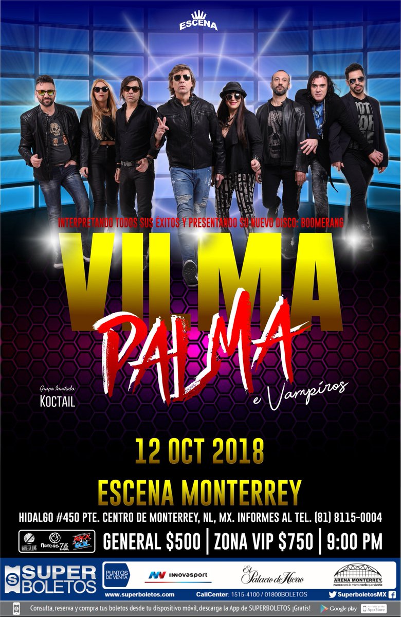 DisasterLiveMty's tweet photo. @VilmaPalma se presentará en @Escena_Mty el próximo 12/Oct/2018. Harán un show con todos sus éxitos, además de mostrar su nuevo CD #Boomerang. https://t.co/8otloBWrmW