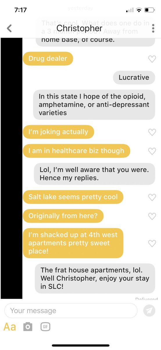 Thought I saw a glimpse of a sense of humor, but then no❌
Asks questions that are clearly indicative of illiteracy or ignorance since the first 2 words of my profile say where I’m from❌
Staying at the frat house apartments &amp; maybe still a frat boy, even at 37❌

And you’re out.