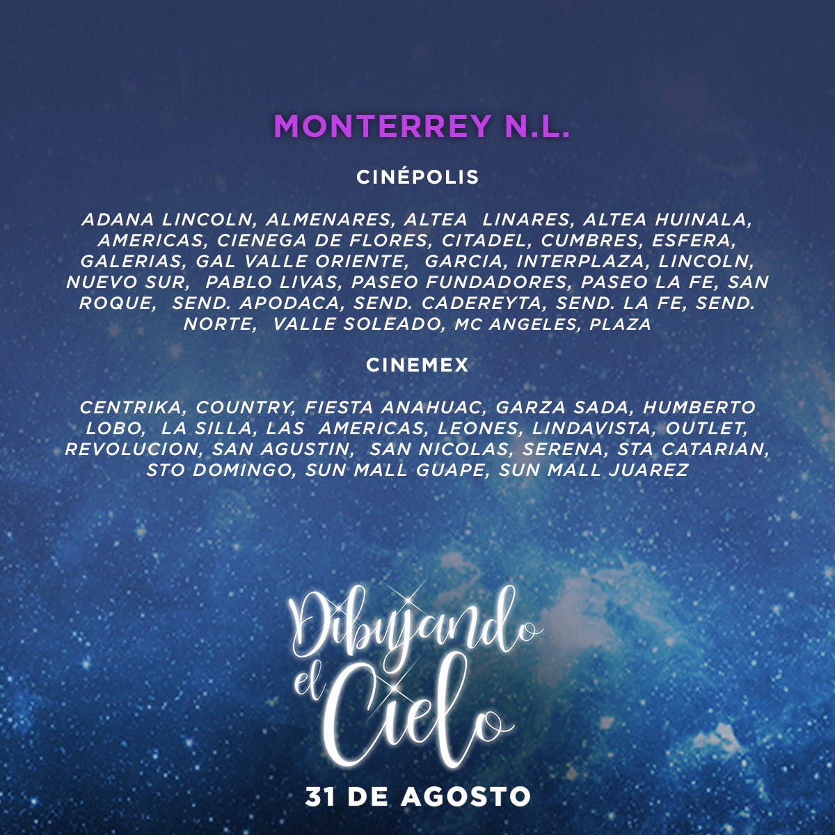 ivansanchezz_'s tweet photo. Compartan todas las salas de cine de Mexico 🇲🇽 donde se podrá ver a partir de mañana 31 de Agosto #DibujandoelCielo #vivaelcine 🎬❤️
@Videocine @Cinepolis @Cinemex 
Gracias a todos por el apoyo!!
A disfrutar....🍿🥤 https://t.co/HVzUVo9MEl