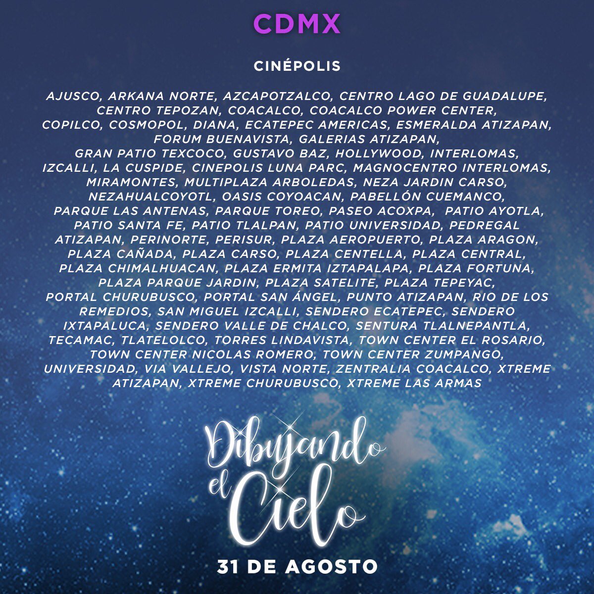 ivansanchezz_'s tweet photo. Compartan todas las salas de cine de Mexico 🇲🇽 donde se podrá ver a partir de mañana 31 de Agosto #DibujandoelCielo #vivaelcine 🎬❤️
@Videocine @Cinepolis @Cinemex 
Gracias a todos por el apoyo!!
A disfrutar....🍿🥤 https://t.co/HVzUVo9MEl