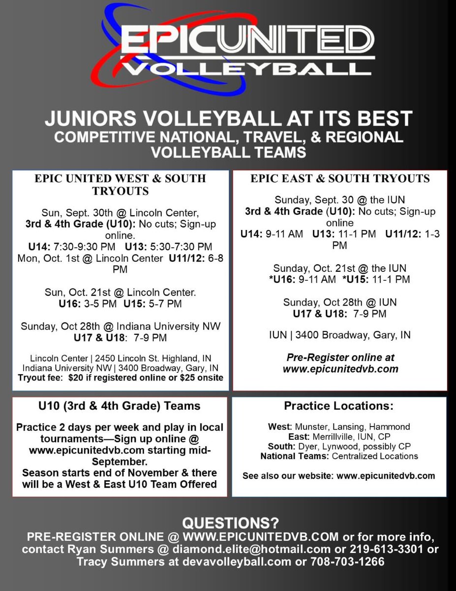 EpicUnitedVB's tweet photo. Tryouts are coming soon! Miss the Diggz? We have convenient practice locations within 5-15 minutes from the former Diggz location. Contact Tracy with questions at devavolleyball@hotmail.com https://t.co/mhSmRAD8b4