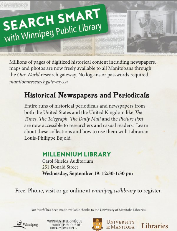 wpglibrary's tweet image. Recently @umlib helped make digital collections w/ MILLIONS of archival documents avail to all Manitobans for free. It’s *awesome* but searching is way more fun if you know how. Join your public librarians to learn how to #searchsmart ow.ly/HJEr30lCZAk #discoverlearnconnect