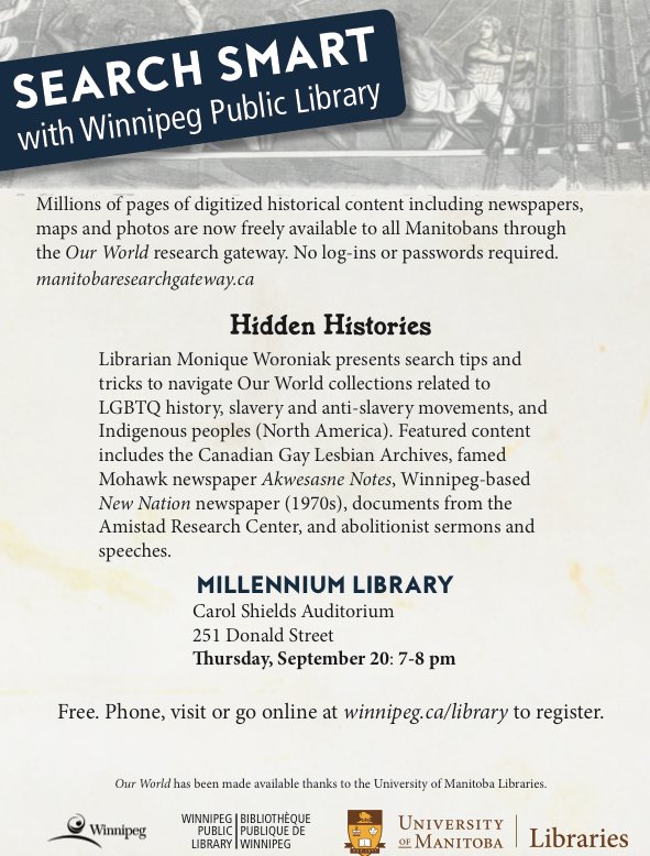 wpglibrary's tweet image. Recently @umlib helped make digital collections w/ MILLIONS of archival documents avail to all Manitobans for free. It’s *awesome* but searching is way more fun if you know how. Join your public librarians to learn how to #searchsmart ow.ly/HJEr30lCZAk #discoverlearnconnect