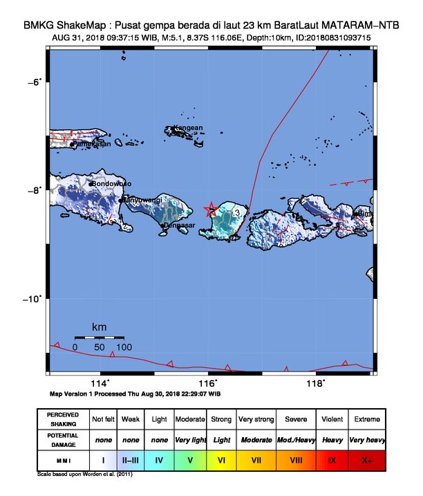 infoBMKG's tweet photo. #Gempa Mag:5.1, 31-Agu-18 09:37:15 WIB, Lok:8.37 LS, 116.06 BT (Pusat gempa berada di laut 23 km BaratLaut MATARAM-NTB), Kedlmn:10 Km Dirasakan (MMI) III Denpasar, III Kuta, III Karangasem, III Mataram, III Lombok Barat, IV Lombok Utara, II Lombok Tengah, II Lombok Timur #BMKG https://t.co/BTY0fRMWAL