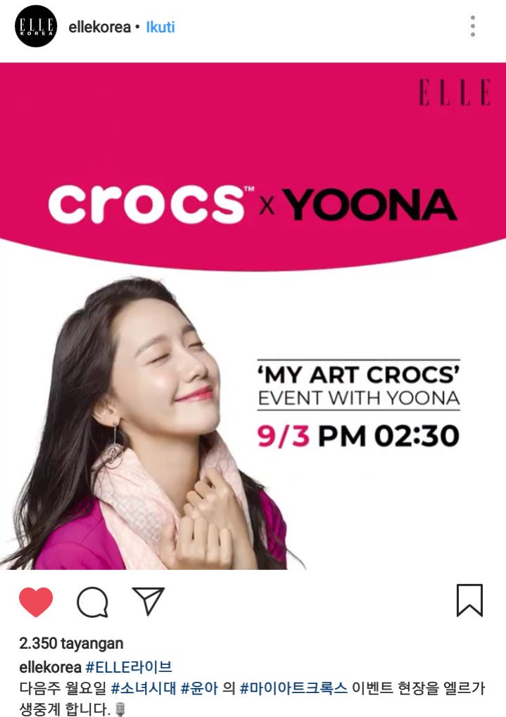 Nadifah530's tweet photo. My Art Crocs Event with YoonA will be streamed live via https://t.co/6f3QyRfQfB Facebook at Sept 3
The caption saying "Hallyu Goddess Yoona with crocs X Artist Collaboration"
#MyArtCrocs #RockWhiteCrocs https://t.co/jLlP6nbuee