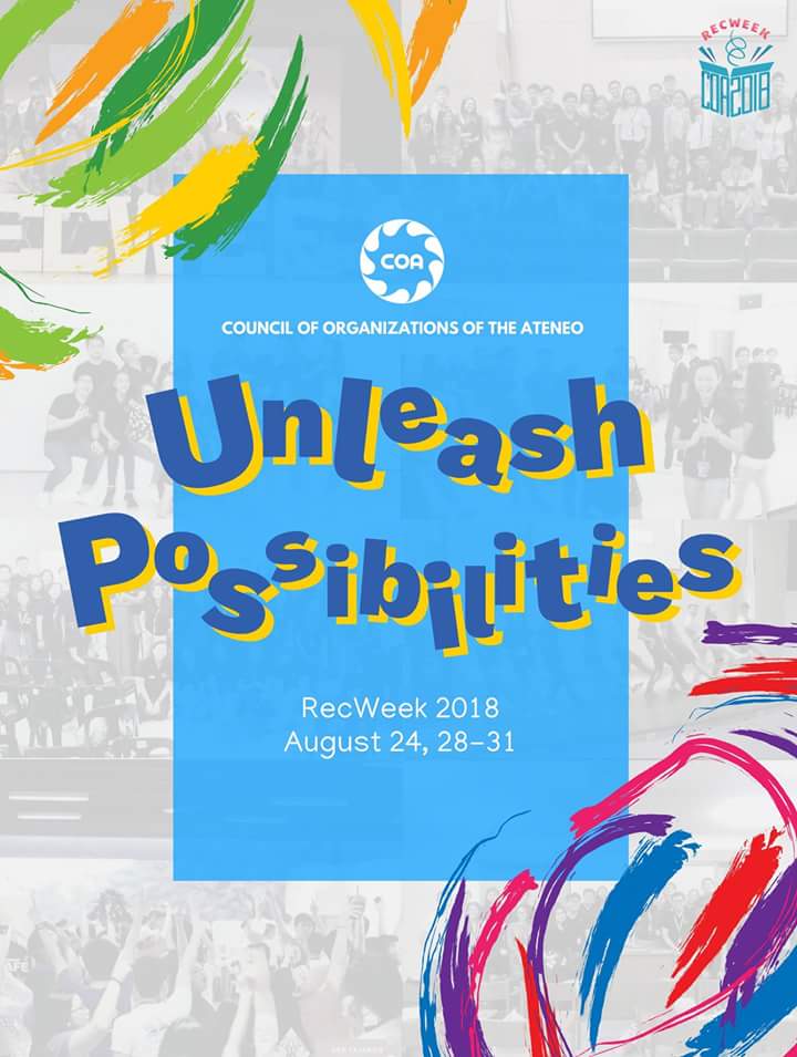 coamanila's tweet photo. It's the last day of RecWeek! Come and #UnleashPossibilities with us as we serve the organizations of the Ateneo!

Join the Council of Organizations of the Ateneo.

@COARecWeek #ColorYourRecWeek #Expressions2018 https://t.co/meKjJcaOu8