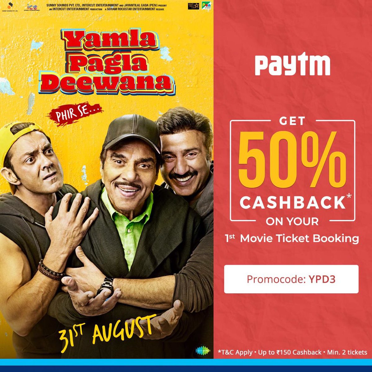 'Yamla, Pagla aur Deewana' padhaar rahe hai 'Phir Se' ekbaar, leke entertainment ki bahaar! Book #YamlaPaglaDeewanaPhirSe tickets on @PaytmTickets and get 50% Cashback* up to ₹150. Use code: YPD3. m.p-y.tm/ymla
<a href="/aapkadharam/">Dharmendra Deol</a> <a href="/iamsunnydeol/">Sunny Deol</a> <a href="/thedeol/">Bobby Deol</a> <a href="/kriti_official/">kriti kharbanda</a>