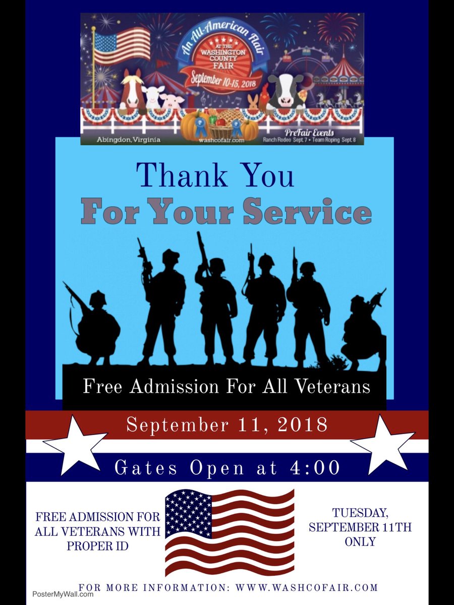 WashCoVaFair's tweet photo. Free admission for all veterans and active military on Tuesday, September 11th with proper ID @washcofair @WashCoVaFair @VisitAbingdon #thankyouforyourservice https://t.co/1Tn8ObS29m