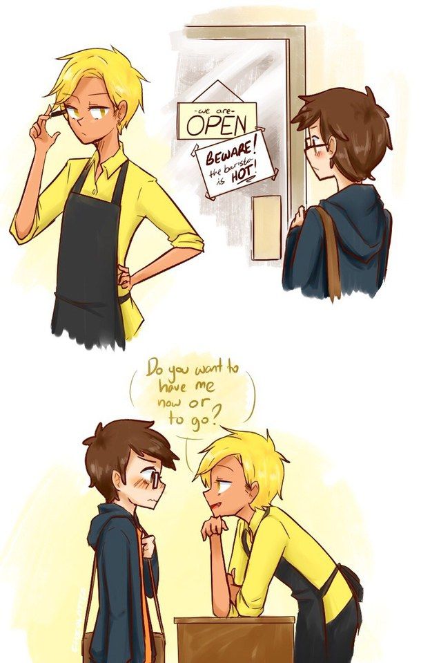 DipperPin3z's tweet image. Dipper stared at the Barista in shock, his face flushed as he leaned away as the male had come closer. "Ugh...neither? I would just like my coffee." Dipper grumbled, his head down as he tried to hide his flustered feature.