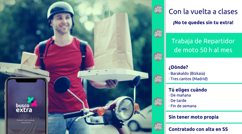 BuscoExtra's tweet photo. ¿Buscas #trabajo para complementar con tus estudios? 
Descárgate la #App #BuscoExtra y no te quedes sin tu extra con la #VueltaAlCole!!
#Trabaja de #repartidor #moto #rider #riders https://t.co/stvtDpS12j