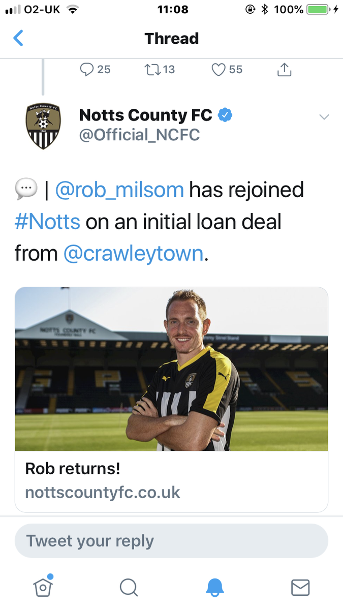 PON_NCC's tweet photo. BREAKING NEWS -  Rob Milsome has rejoined Notts from Crawley on loan. #milsom #NCFC https://t.co/T9GAWOEm15