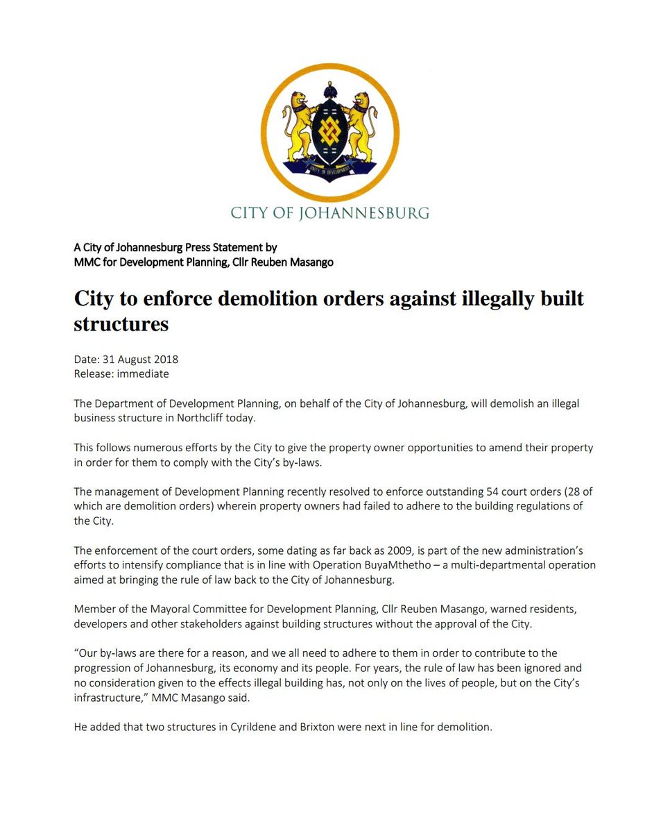 HermanMashaba's tweet photo. The Department of Development Planning, on behalf of the City of Joburg, will demolish an illegal business structure in Northcliff today.

This after numerous efforts to give the owner opportunities to amend the property in order for them to comply with the City’s by-laws. https://t.co/hYUjIIdeMU