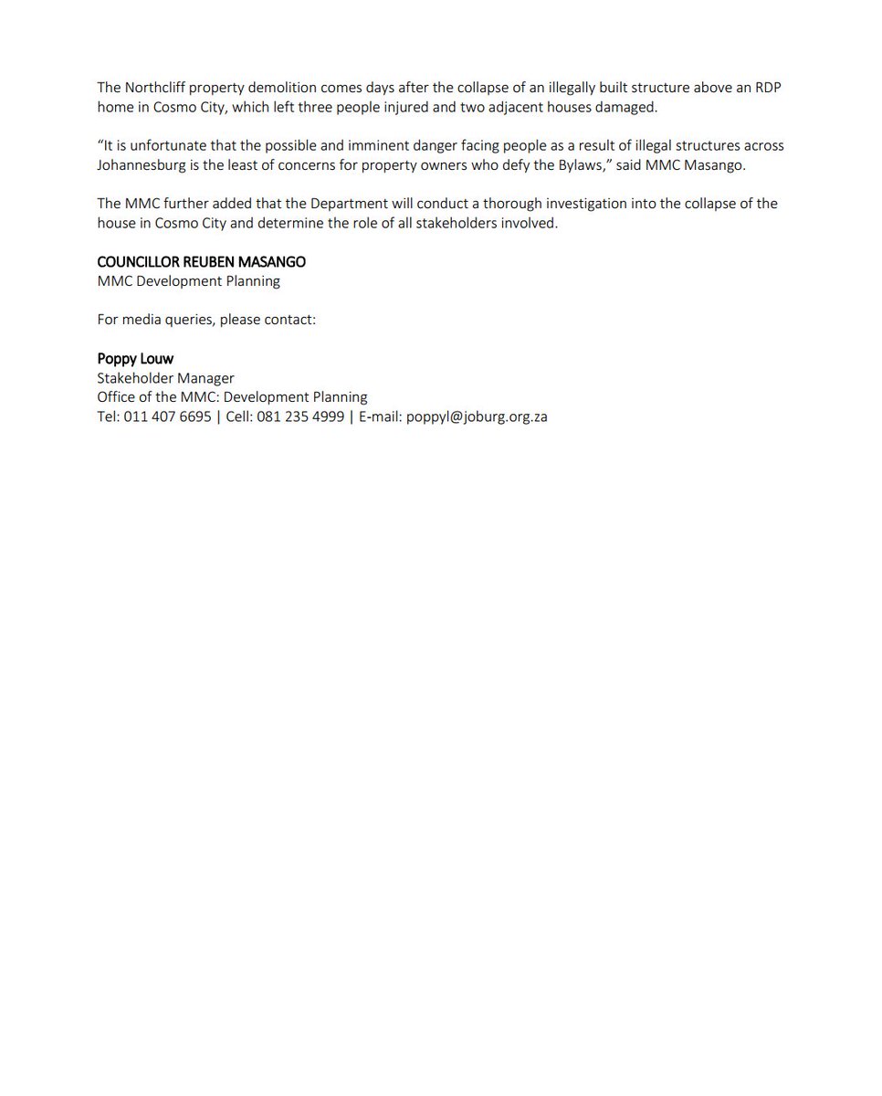 HermanMashaba's tweet photo. The Department of Development Planning, on behalf of the City of Joburg, will demolish an illegal business structure in Northcliff today.

This after numerous efforts to give the owner opportunities to amend the property in order for them to comply with the City’s by-laws. https://t.co/hYUjIIdeMU