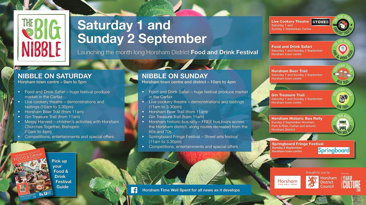HorshamDC's tweet photo. Are you ready for #TheBigNibble this weekend? On Saturday you can look forward to live cookery demos and tastings, the Horsham Beer Trail, Gin Treasure Trail, children’s activities, competitions, entertainment and special offers.

Tuck in 👉 https://t.co/LqXOuK1qeV https://t.co/wkFKMEgG7K