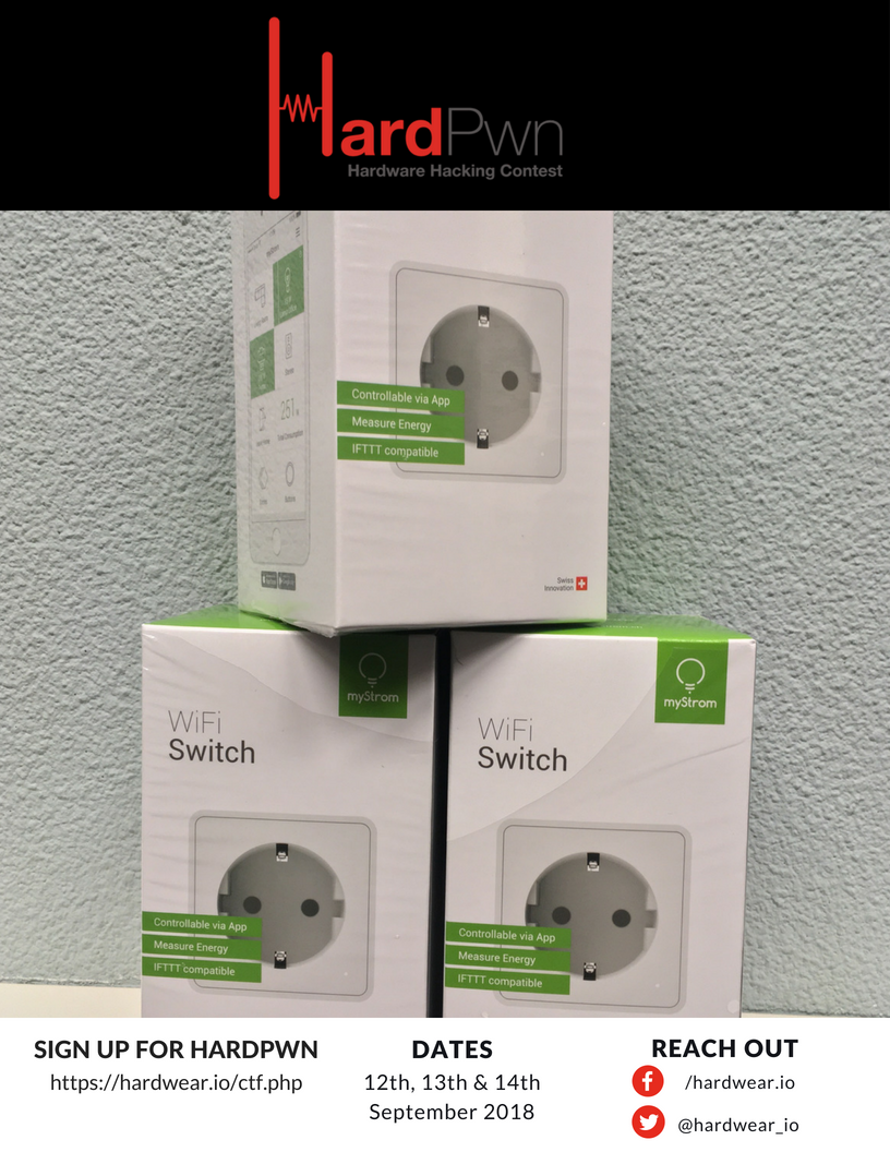 hardwear_io's tweet image. Made in Switzerland, these @myStrom_AG WiFi Switches (@ESP8266/32 based) will be a target at hardpwn - Hardware Hacking Contest!

Sign up here: hardwear.io/ctf.php  
Hack for fun &amp;amp; profit.

#Hackfearlessly #Hacking #hardwear_io #hardpwn #Hardware #Security #Contest