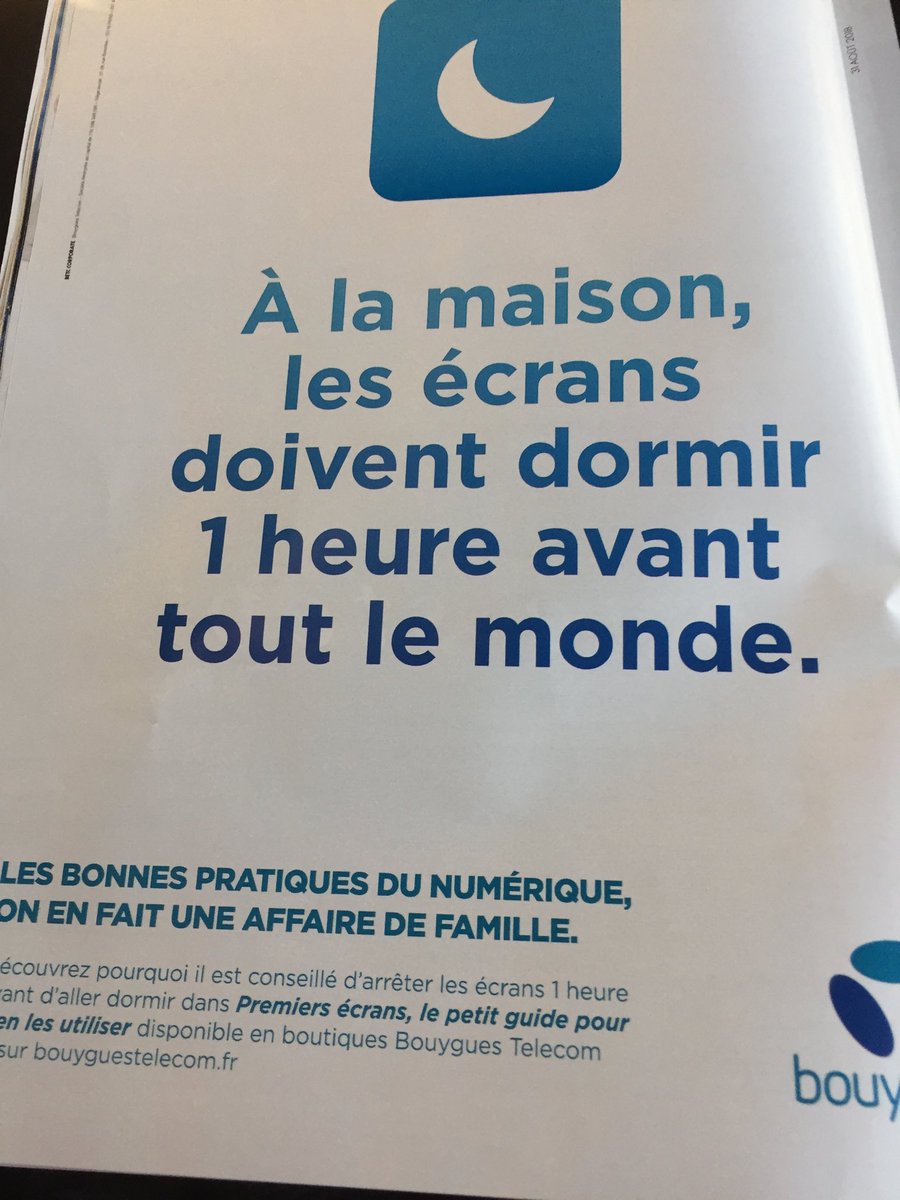 Bravo ⁦<a href="/bouyguestelecom/">Bouygues Telecom</a>⁩ pour cette pub ! Quand la #déconnexion s’invite à la maison 👍 Je file en boutique chercher le guide 😏 #rse #sante #sommeil #ecrans