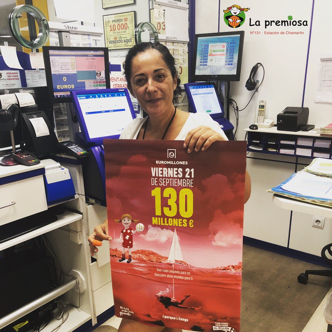lapremiosa's tweet photo. #Porquelotengo #botazo #euromillones. El viernes 21 de Septiembre bote mínimo garantizado de 130 millones. ¿ Por 2,5 € te lo vas a perder?? #LaSuerteEsCaprichosa #LaSuerteEsViajera #LaPremiosa #Lotería #TiendasDeLaEstación #MadridChamartin #LaPremiosaCambiaTuTrenDeVida https://t.co/0IN3cjvVrL