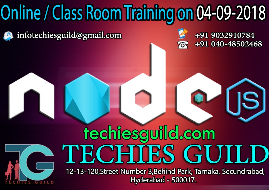 techiesguild1's tweet image. NodeJS Free Demo on September 04 Tuesday
Batch Type: Online/Class Room Training
Visit us at :techiesguild.com/nodejs.html
Email: infotechiesguild@gmail.com
Mobile: 9032910784
Phone:+91 040- 48502468