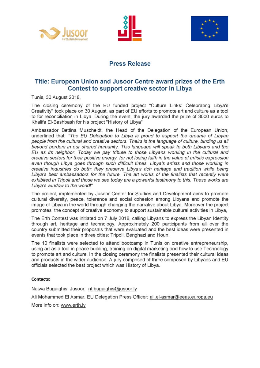 EUinLibya's tweet photo. Press Release
#European_Union and Jusoor Centre award prizes of the Erth Contest to support creative sector in #Libya.

https://t.co/U9Sh0nFuoj https://t.co/Bcmux0wsho