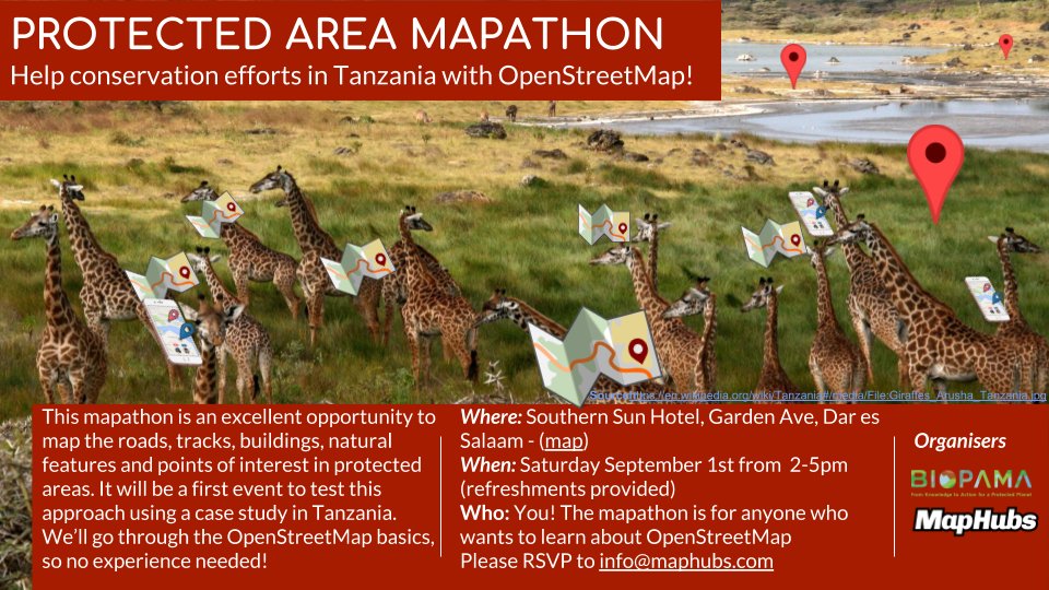maphubs's tweet photo. We're having a #mapathon in Dar es Salaam tomorrow! Learn how to contribute to @openstreetmap using @hotosm tools and help us strengthen protected areas in #Tanzania.  @stevelaveno #biopama #FOSS4G2018 #osmearth https://t.co/PWTNHzzp4V
