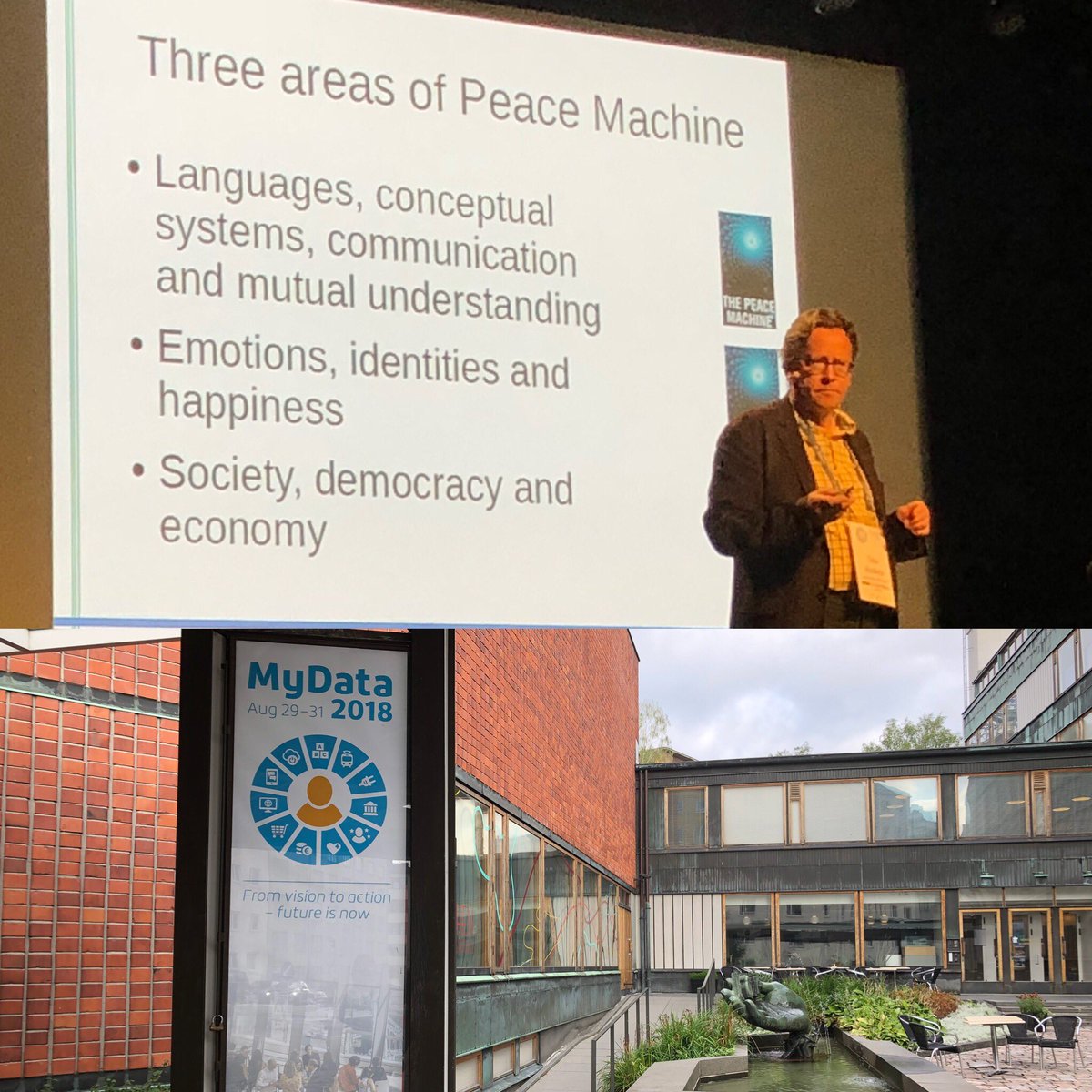 KuusniemiHeidi's tweet photo. ”Data is in machine terms experience” - what a fascinating presentation by @THonkela from @helsinkiuni about data, #AI, language, society, peace building and connections to personal data at the #MyData 2018 event organized by @mydataorg #peacemachine #MyAI #machinelearning https://t.co/aO16YouVhb