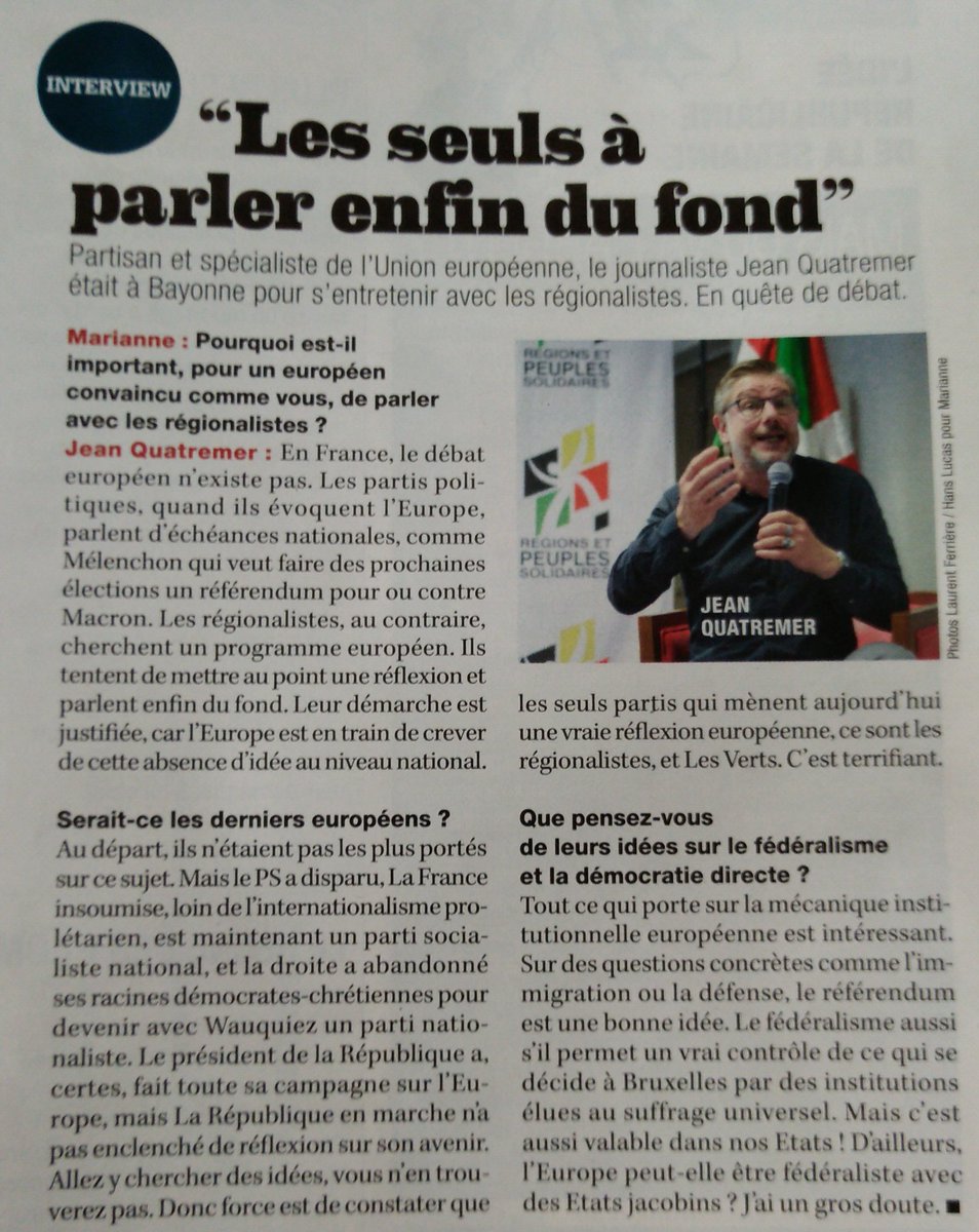 "LES RÉGIONALISTES DERNIERS EUROPÉENS?" enquête de 4 pages, cette semaine en kiosque, sur <a href="/RetPS/">Régions et Peuples solidaires (R&PS)</a>, réalisée à l'occasion de #UERPS2018 par <a href="/BricePerrier/">Brice Perrier</a> pour <a href="/MarianneleMag/">Marianne</a> 

<a href="/RetPS/">Régions et Peuples solidaires (R&PS)</a> est, selon <a href="/quatremer/">Jean Quatremer</a>, le seul parti en France avec <a href="/EELV/">Les Écologistes - EELV</a> à mener une vraie réflexion européenne.