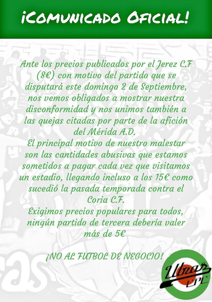 📣 Nuestros <a href="/ultrascpc/">Ultras Cacereño</a> sobre el <a href="/JerezClubFutbol/">Jerez C.F.</a> - <a href="/CPCacerenoSAD/">CP Cacereño 🟢🐉</a>, apoyamos punto por punto todo lo que dicen y añadimos lo de poner el partido a las ⏰21:30 que es una barbaridad para desplazarnos desde Cáceres un Domingo, apoyamos también a nuestros hermanos del <a href="/Merida_AD/">A.D. Mérida</a> 💚💚