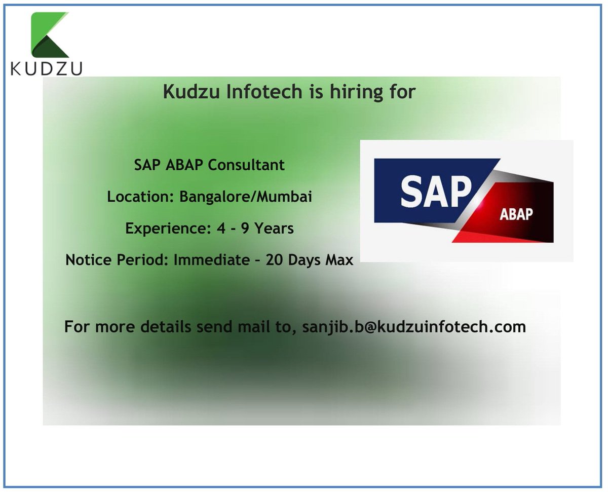 sanjib_bardhan's tweet image. Hi All,
#JobOpportunity @kudzu_infotech for #SAPABAPConsultant