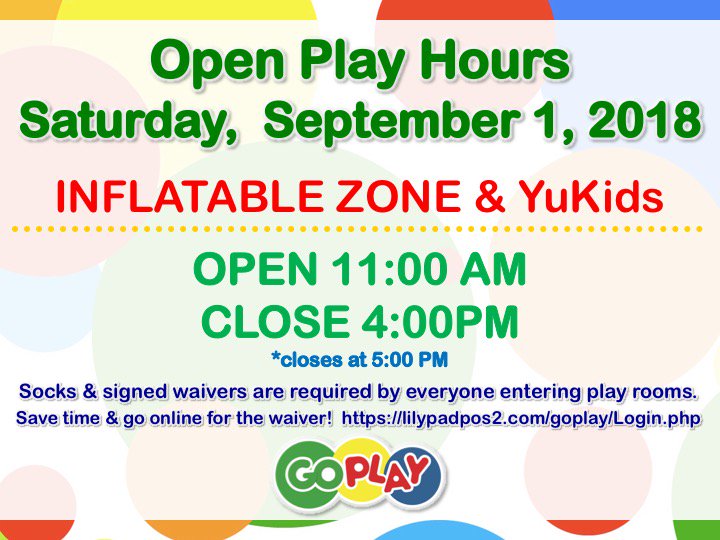 goplayguam's tweet photo. 🎉The party's over here...at #GoPlayGuam! 🎂 Please note that due to a private party in the afternoon, our Inflatables/YuKids Play Room will open from 11:00 AM to 4:00 PM on Saturday, September 1.  Arrive by 4:00 PM &amp; play until 5:00 PM! https://t.co/0Z9dRdAqn9