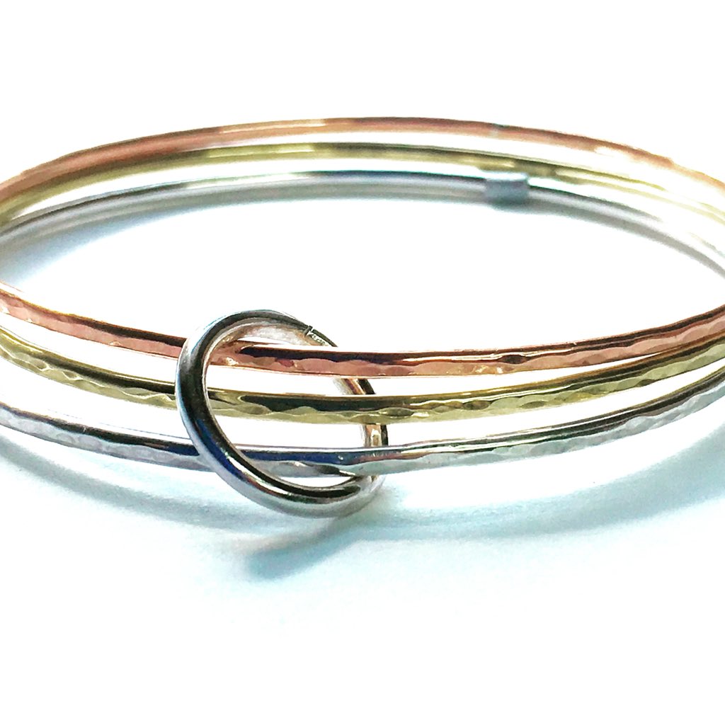 These hammered bangle stacks are so popular as they are so easy to wear and go with anything! The mixed metals look incredible together and the hand hammering catches the light beautifully!  in stock at Llantrisant Gallery and Oriel Makers Gallery and the website at £75.