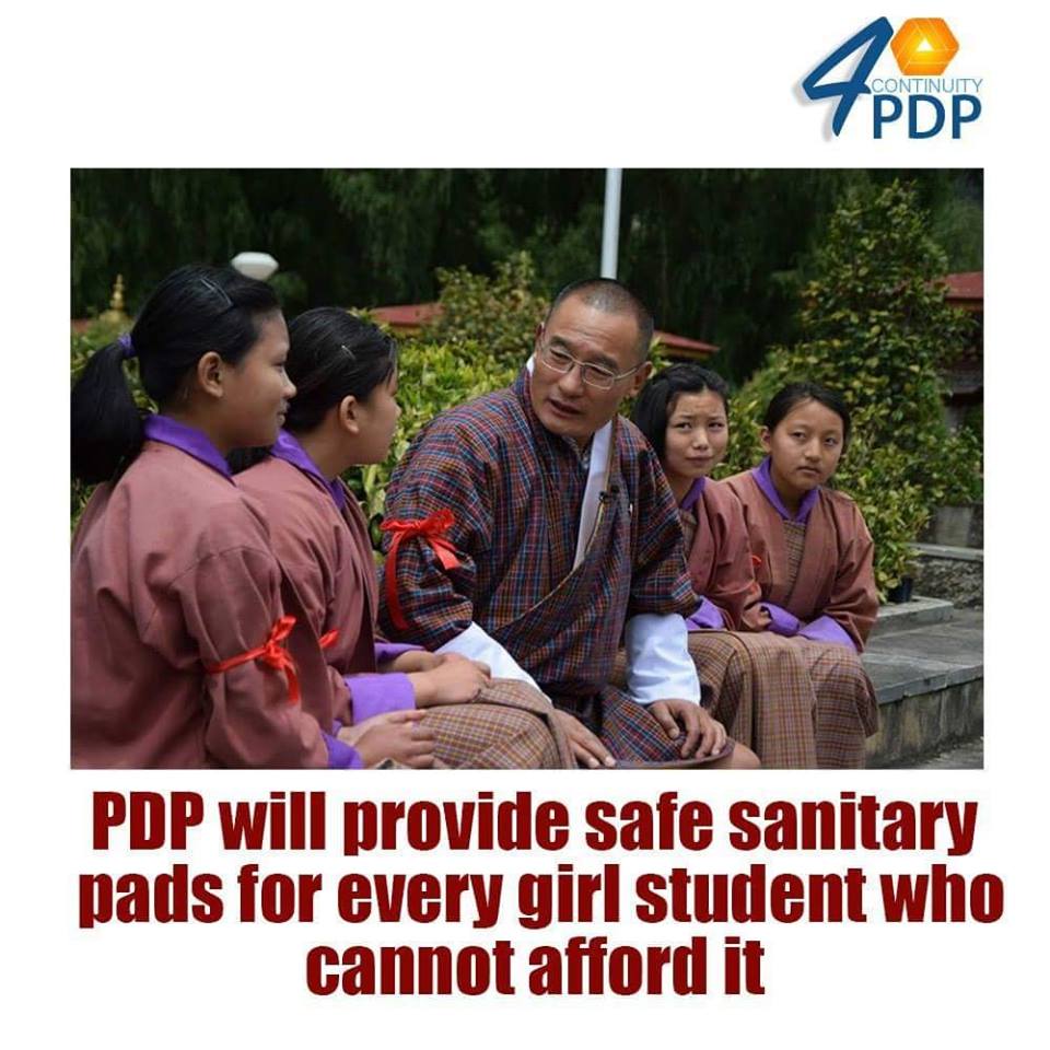 StandForBhutan's tweet photo. PDP will provide safe sanitary pads for every girl student who can not afford it .. 
#Vote4Progress #Bhutan https://t.co/mqtkthMgck