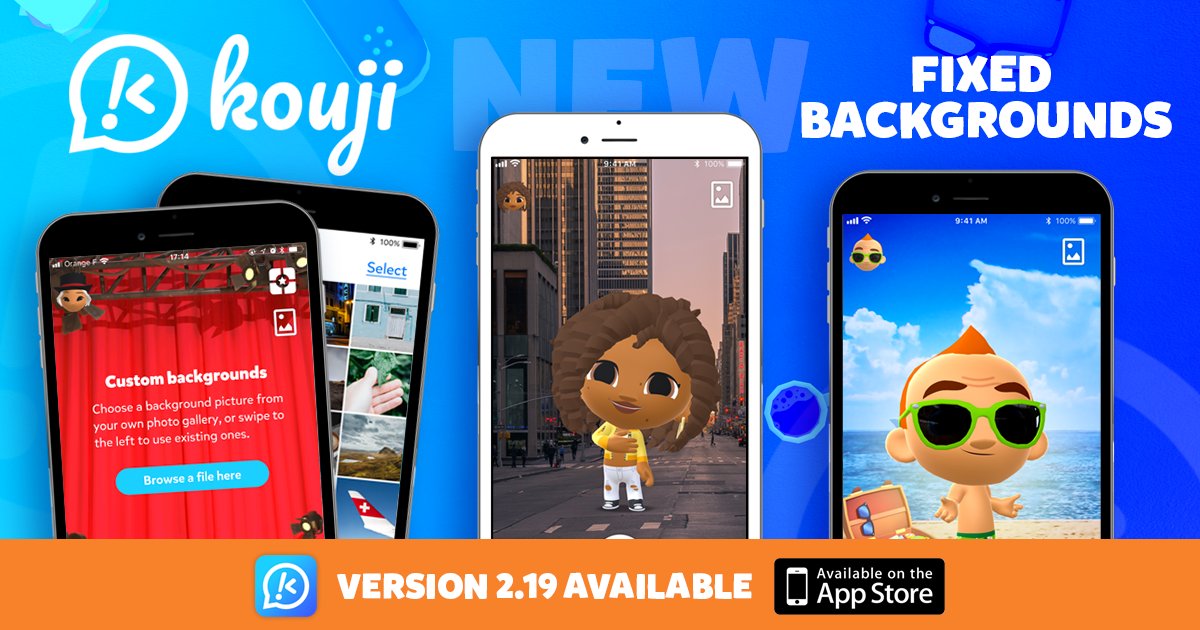 🎉🚀🤩 NEW FEATURE 🤩🚀🎉
Update Kouji to get the FIXED BACKGROUNDS feature 👍
Now you can animate your avatar on top of your favorite photo 📷 
Be more creative and have fun 😂
Don't wait, Update : buff.ly/2wAb8ej ...and say it with Kouji 😎