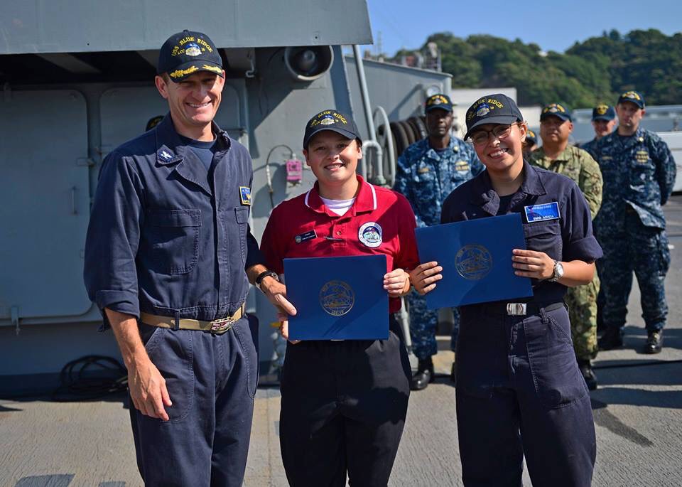 NavysFlagship's tweet image. Congratulations to BM3 Justina Acosta, CS3 Chelsea Warden, CS3 Angel Avalos Castillo (not pictured), and DC3 George Carter III (not pictured) for being USS Blue Ridge&apos;s newest meritoriously promoted Petty Officers! Keep up the outstanding work! #FinestintheFleet #NavysFlagship