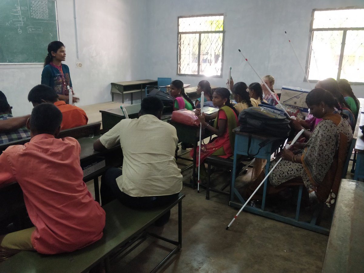 cane_smart's tweet photo. Visually challenged students of Government Arts College, Nandanam were  given SmartCanes by the district differently abled welfare office,  Chennai. A training session was conducted in the college premises by the  Smartcane team on 30 Aug 2018. https://t.co/1COefCjYba