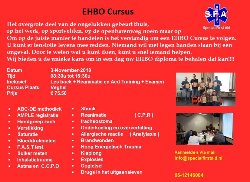 SpecialFirstAid's tweet photo. nog 4 plaatsen beschikbaar voor de EHBO cursus van 3 november 2018 
Meldt je nu nog aan via info@specialfirstaid.nl https://t.co/n5UUbeHrf6