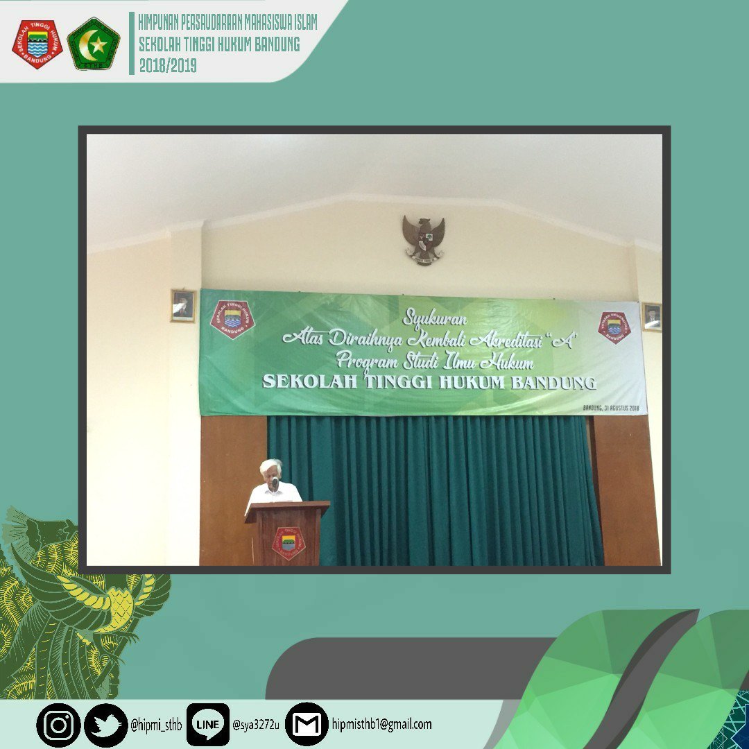 [Telah Berlangsung]

Syukuran diraihnya kembali akreditasi "A" program studi Ilmu Hukum kepada Sekolah Tinggi Hukum Bandung.

Kami Himpunan Persaudaraan Islam Sekolah Tinggi Hukum Bandung mengucapkan selamat atas diraihnya akreditasi "A"