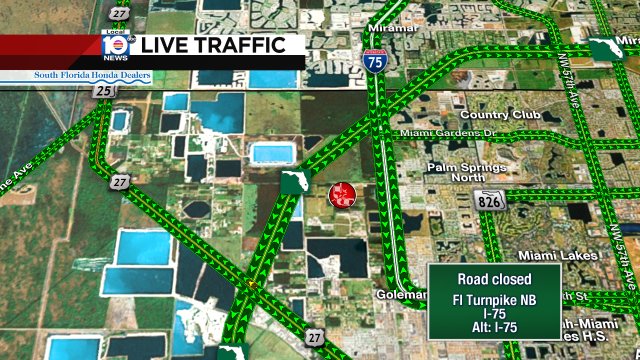 #TRAFFICALERT Crash at Fl Turnpike NB & I-75. Turnpike is closed between US-27 & I-75. Alt: I-75 https://t.co/RfZnzoWrZe