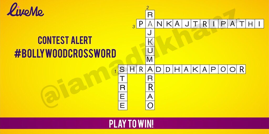 @LivemeIndia @BollyQuizSpice @bollywood_life @contests @ETCBollywood @Contest_in @ContestsInIndia @india4contests @Contest_Alert @india_contests @India4contest 1. Shradda Kapoor
2. Rajkumar Rao
3. Pankaj Tripathi

#BollywoodCrossword 
#Stree 
#LiveMe #App 

Join Karo..
@vishalmalavya 
@MullaFardeen 
@Vaibhav17m 
@Coolekta1 
@nawazkhanq 
@Salmanp89 
@raj7171 
@Aksh_K51