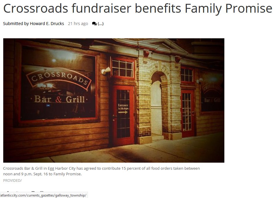 Thanks &amp; ShoutOut to our attorney #HowardDrucks for sharing this opportunity to help homeless families in Atlantic County: Sun. Sept 16, from noon-9PM Crossroads Bar &amp; Grill, 151 Phila Ave., Egg Harbor City Family Promise of Atlantic County. bit.ly/2PT7qnK