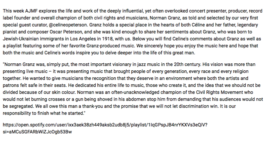 This week #AJMFExplores the deeply influential, yet often overlooked Norman Granz, as told and selected by our very first special guest curator, @celineopeterson. open.spotify.com/user/ixx3aek38…