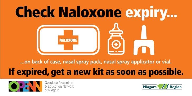 All types of Naloxone expire. Keep an eye on the date and replace your kit as needed. You can get a new kit at a pharmacy, StreetWorks or participating agency.  #OPENNiagara #EndODNiagara