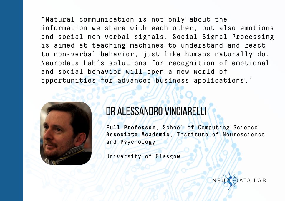 NeurodataLab's tweet photo. We are proud to announce Dr Alessandro Vinciarelli from the University of Glasgow has become our Science Advisor on #SocialSignalProcessing, a next step in #EmotionAI. https://t.co/KS5xdUsuHT
