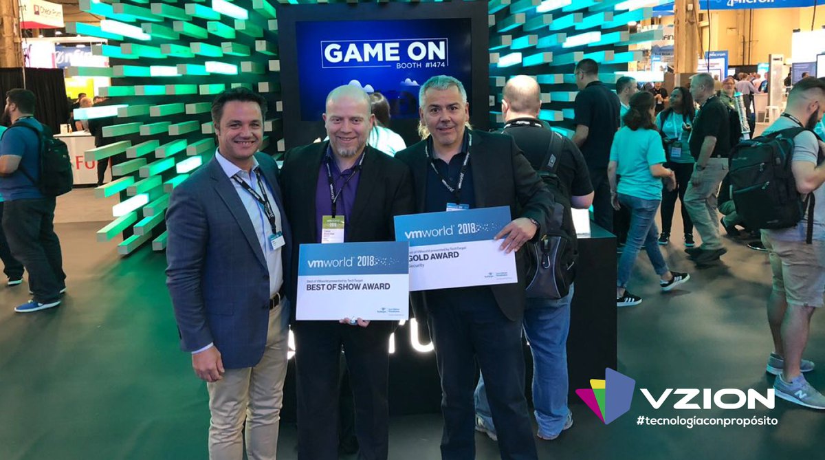 vZionGroup's tweet photo. Esta semana estuvimos en #VMworld 2018 en #LasVegas ! En las fotos podrán ver César Alcacibar, nuestro director comercial, celebrando las distinciones de Rubrik  junto a Matías Capmany, CEO de OneTeam, y Pedro Vignola, Director de Rubrik para el Sur de Latinoamérica. #vZionGroup https://t.co/CbLsfzHM6h